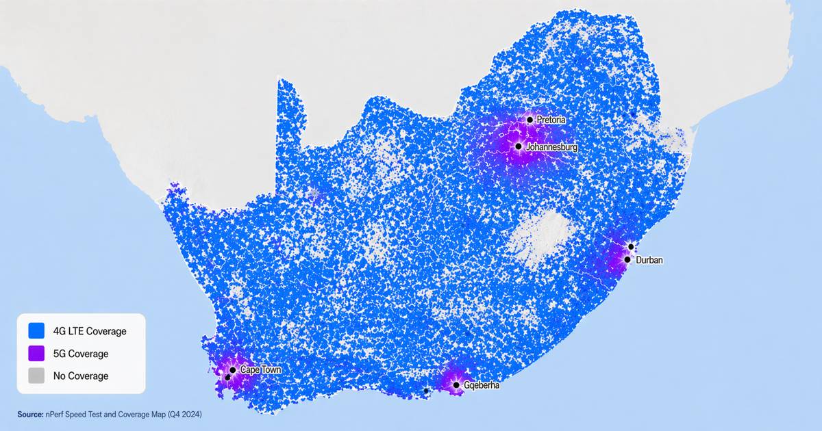 Vodacom South Africa 4G LTE and 5G network coverage map showing broad 4G coverage across the country, with strongest 5G clusters in Johannesburg, Pretoria, Cape Town, Durban, and Gqeberha