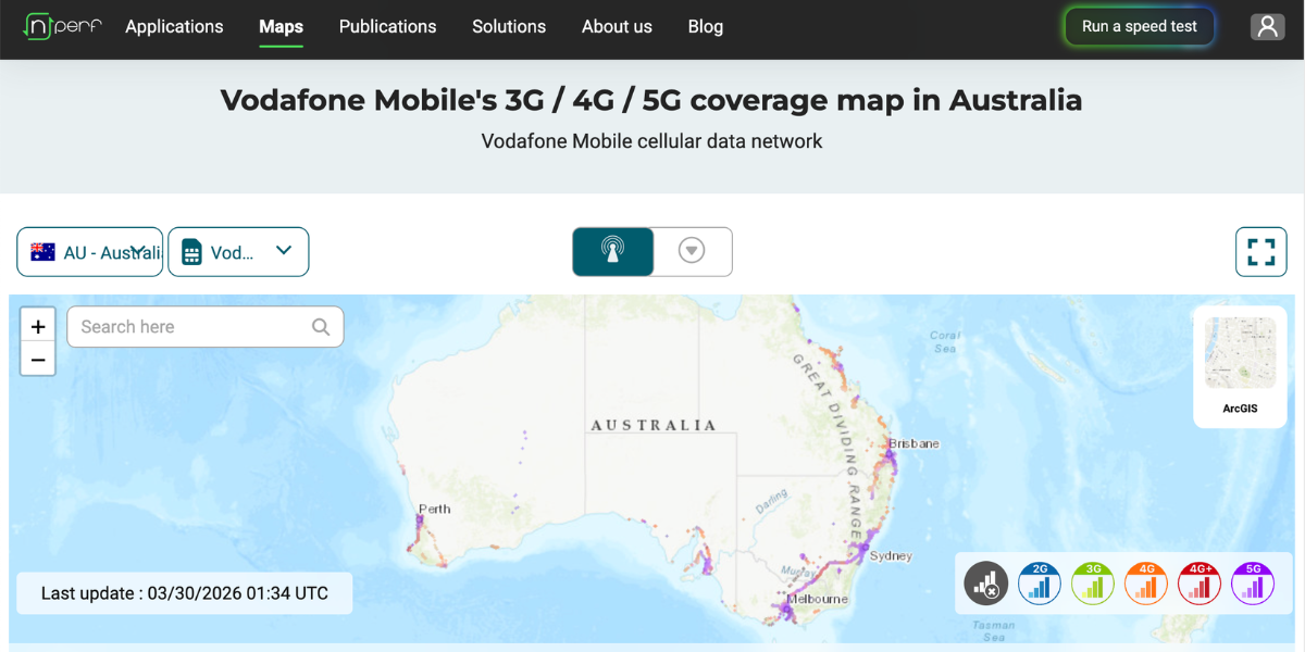 Bản đồ phủ sóng 4G và 5G Vodafone Australia với độ phủ 98.4% dân số, 5G tập trung tại Sydney, Melbourne, Brisbane, Adelaide, Perth, Canberra, Gold Coast và Wollongong