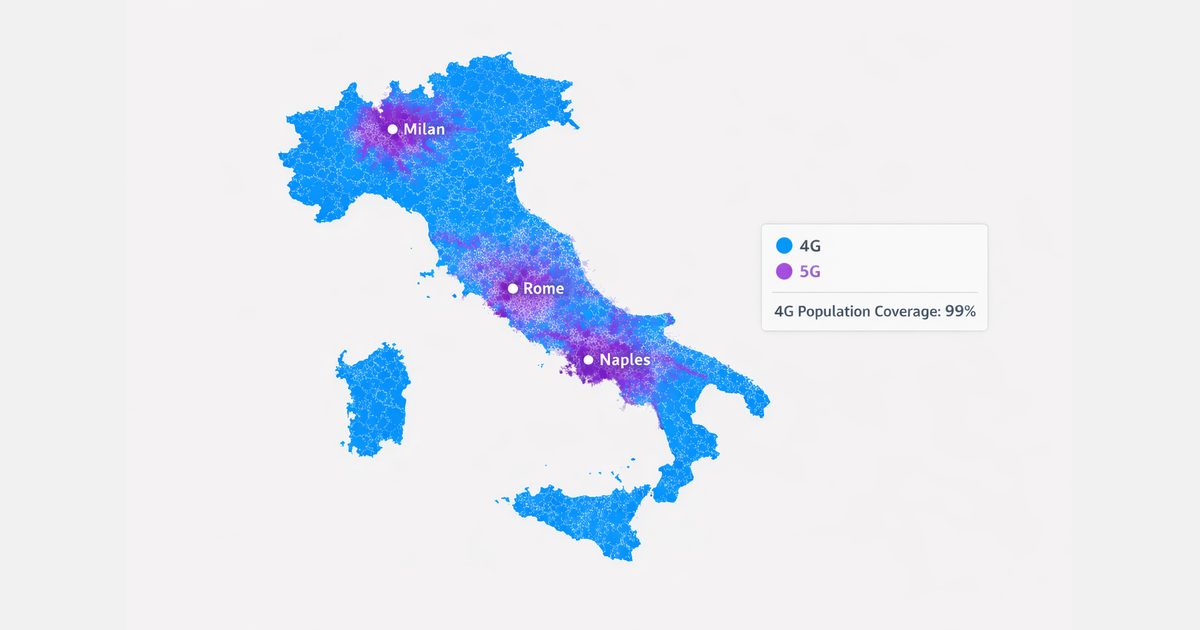 Vodafone Italia 4G and 5G network coverage map showing 99% 4G population coverage across Italy, with strongest 5G concentration around Milan, Rome, and Naples, displayed in blue for 4G and purple for 5G