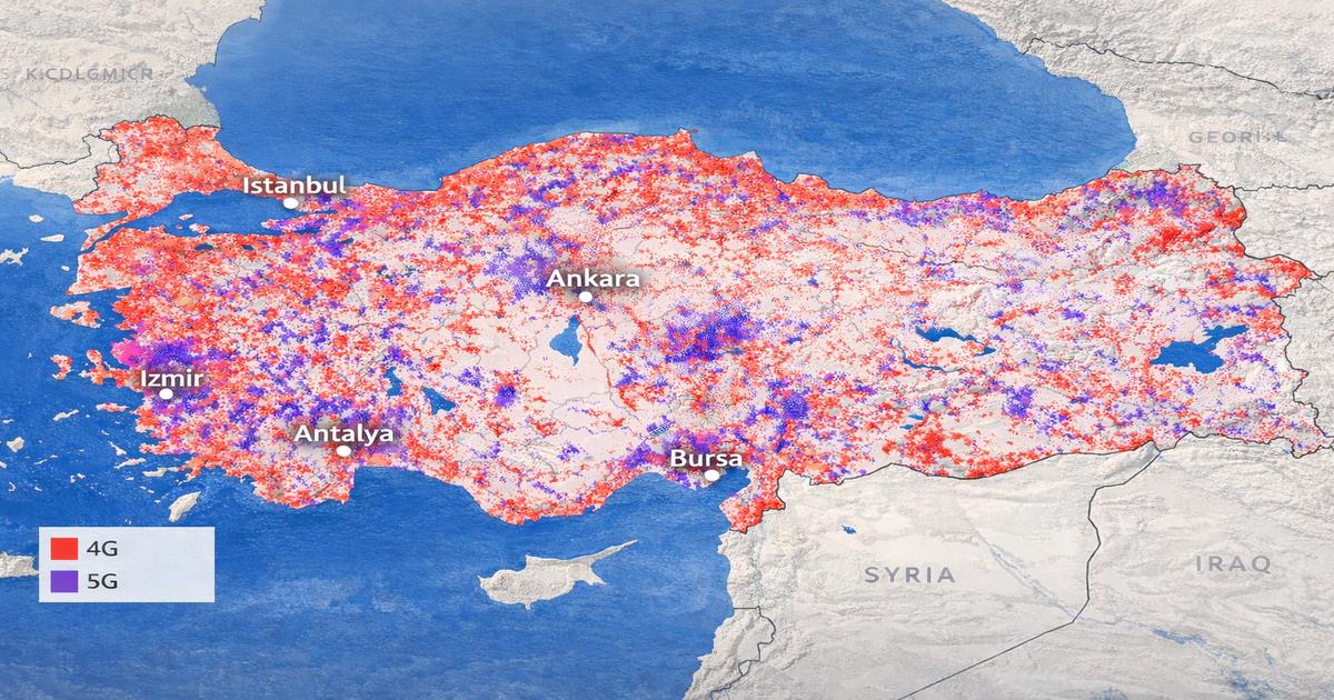 Vodafone Turkey 4G and 5G network coverage map showing broad 4G reach across Turkey, with stronger 5G signal concentration in Istanbul, Ankara, Izmir, Antalya, and Bursa.