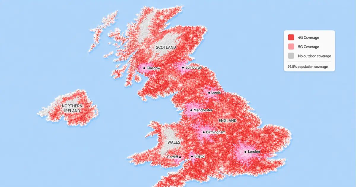 Vodafone UK 4G and 5G coverage map of the United Kingdom showing widespread 4G coverage, urban 5G clusters around London, Birmingham, Manchester, Glasgow, and Edinburgh, plus a compact legend and Northern Ireland inset