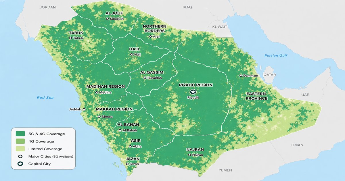 Zain Saudi Arabia 4G and 5G network coverage map showing nationwide 4G coverage across all 13 regions and strongest 5G availability in Riyadh, Jeddah, Mecca, Medina, and Dammam as of 2026