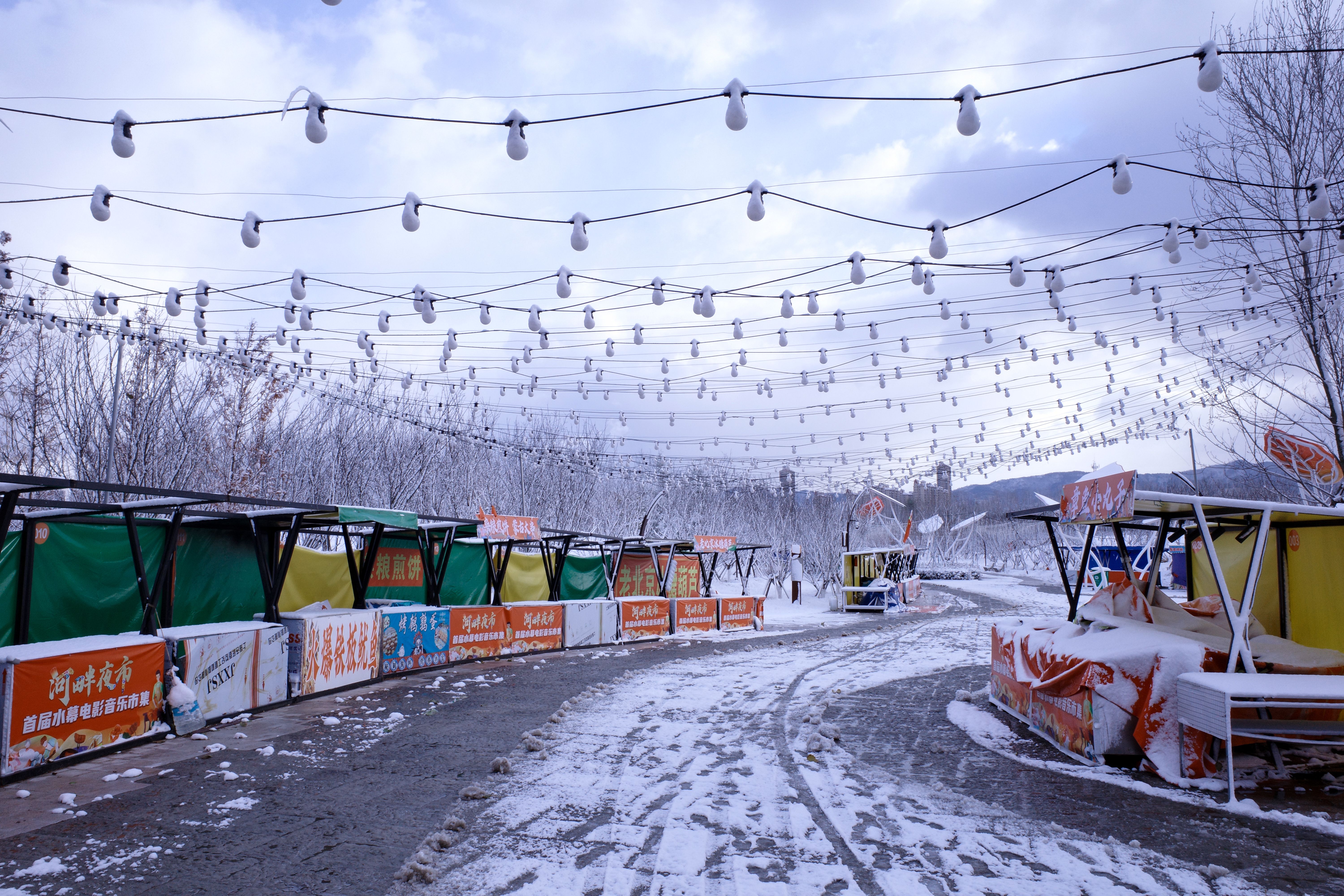 A street vendor's cart on Central Street in Harbin stacked with frozen candied hawthorn skewers (tanghulu) in the snow