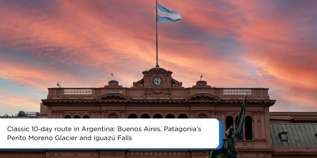 View of Buenos Aires skyline and Argentina flag with small thumbnails of Perito Moreno Glacier and Iguazu Falls