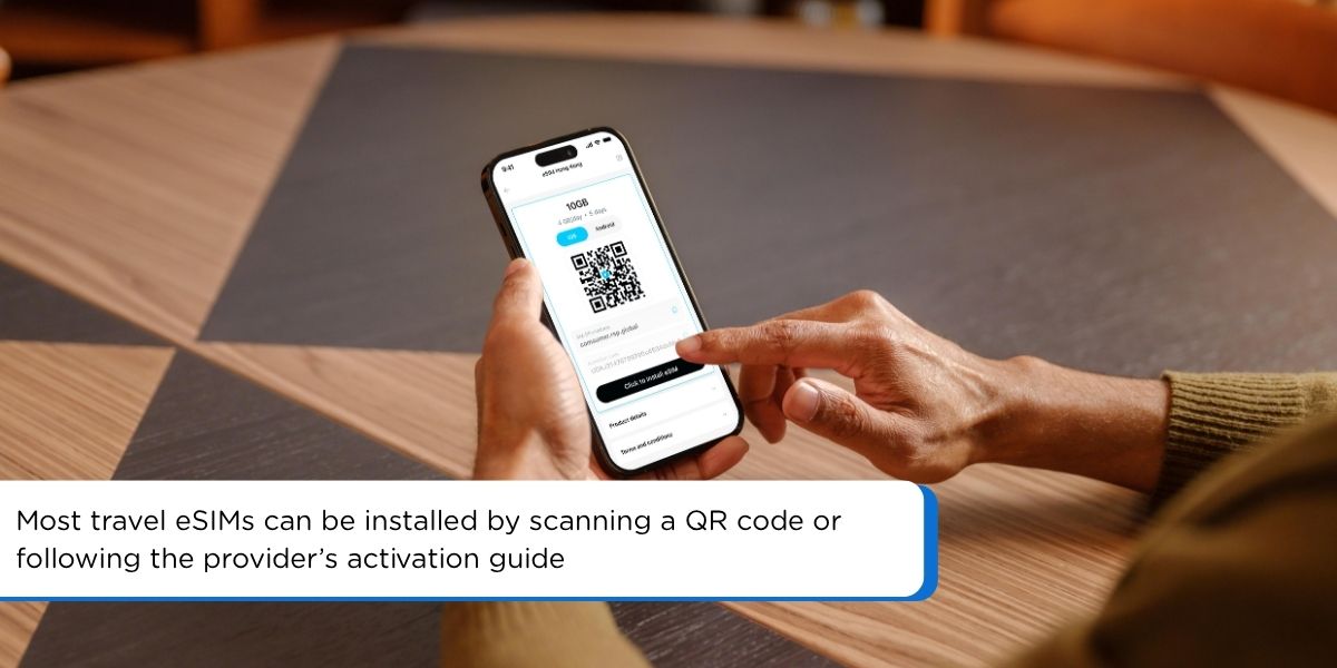 Traveler activating eSIM by scanning QR code on smartphone