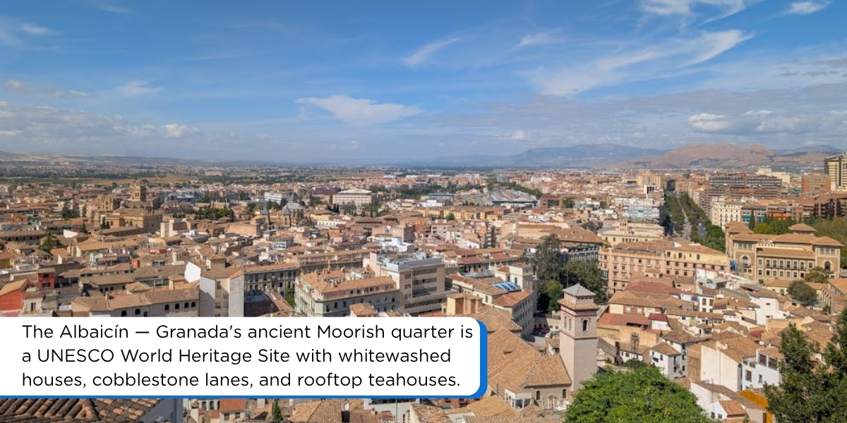 Aerial view of Albaicín old town rooftops in Granada, Spain – Moorish quarter on the southern Spain 7-day route