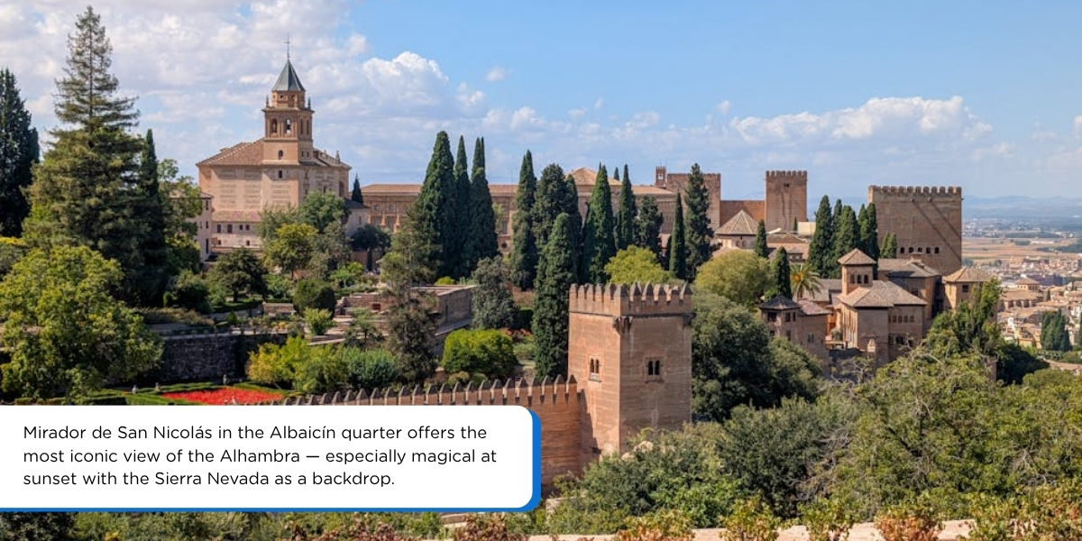 View of Alhambra palace from Mirador de San Nicolás in Albaicín quarter, Granada, Spain