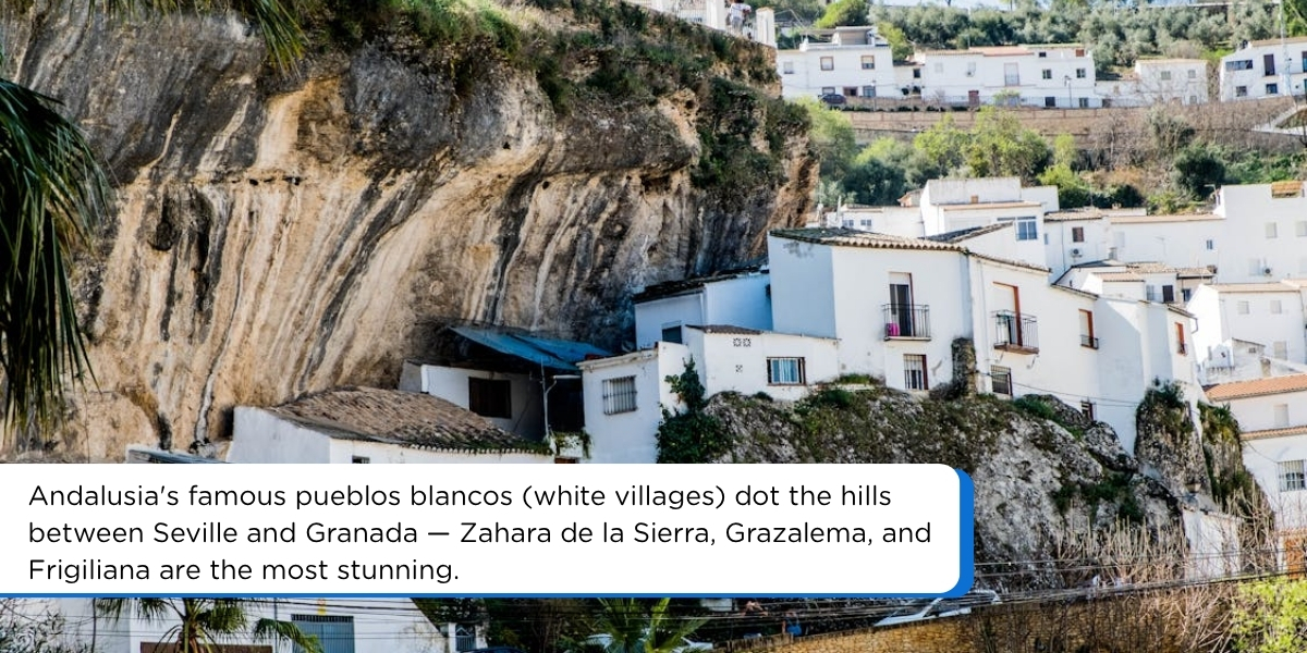 Aerial view of Andalusia white village with red-tiled roofs on hillside – pueblos blancos on southern Spain route