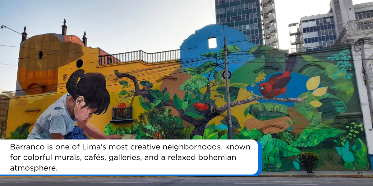 Barranco Lima street art mural with colorful tropical plants, birds, and a child painting on a wall in Peru