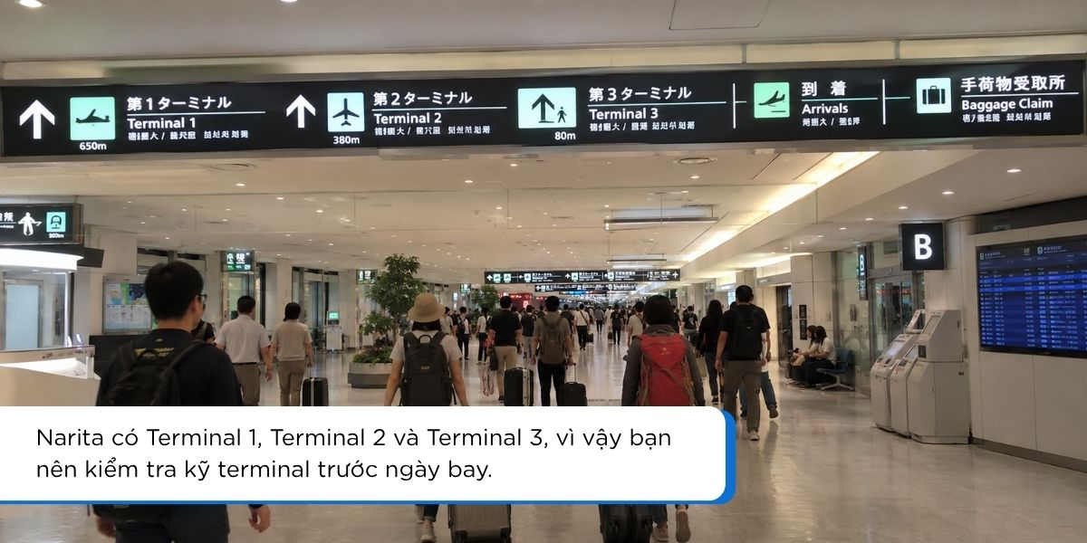 Biển chỉ dẫn terminal tại sân bay Narita Nhật Bản cho hành khách quốc tế