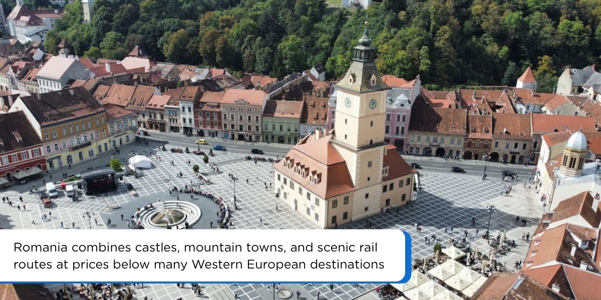 Brasov old town and Transylvania mountains in Romania for budget travelers