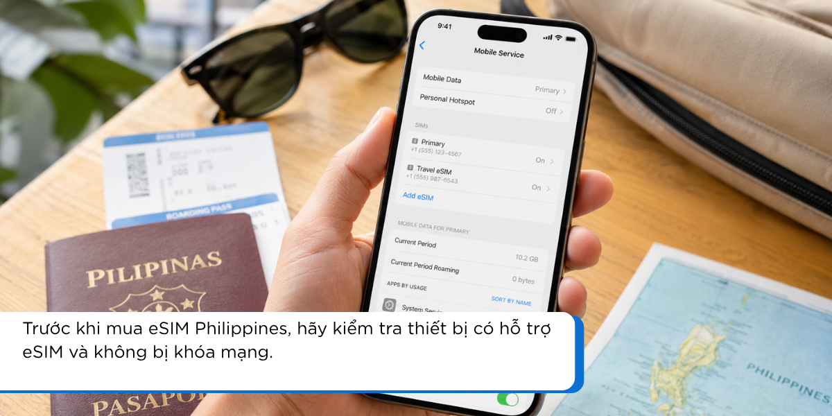 Du khách kiểm tra điện thoại có hỗ trợ eSIM trước khi mua eSIM Philippines cho chuyến đi biển đảo.
