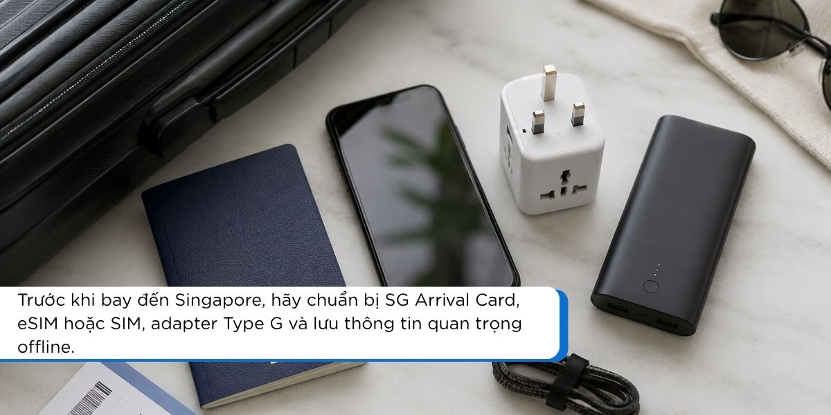 Checklist gồm hộ chiếu, điện thoại, adapter và sạc dự phòng trước khi đến sân bay Changi