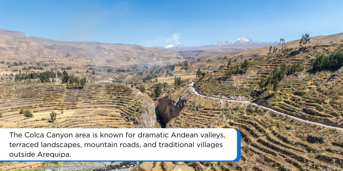 Colca Canyon day trip from Arequipa Peru with Andean terraces, mountain valley views, and rural highland scenery