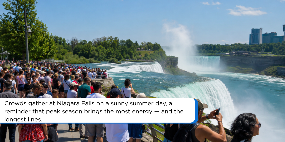 Crowded Niagara Falls viewpoint during peak summer season