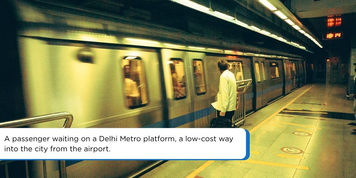 A passenger waiting on a Delhi Metro platform, a low-cost way into the city from the airport