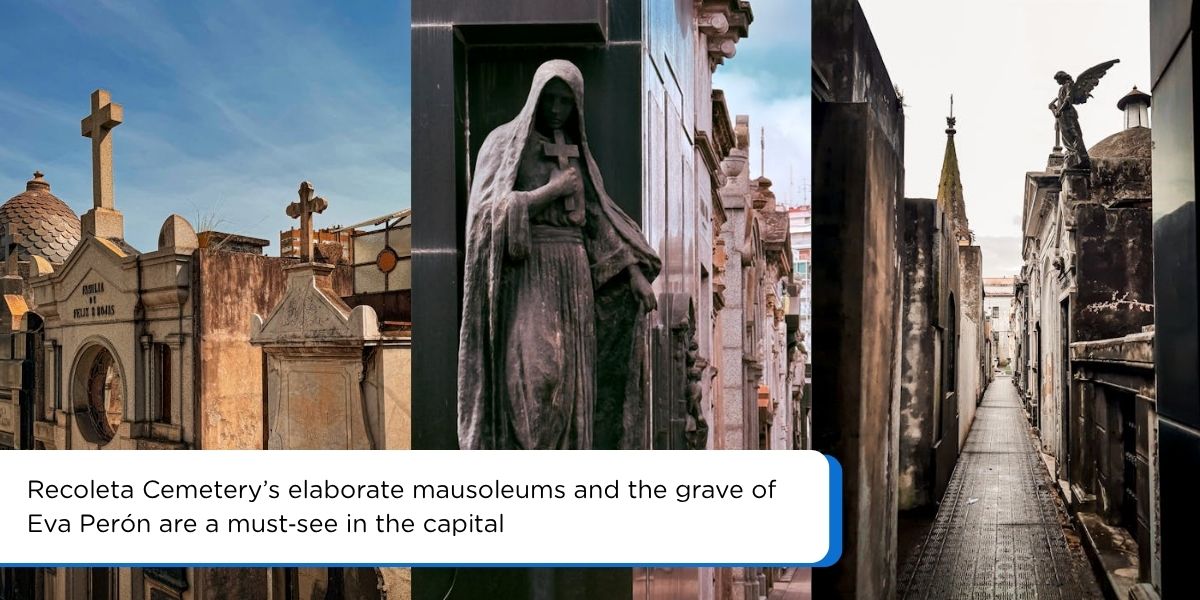 Ornate mausoleums lining a narrow walkway in Recoleta Cemetery Buenos Aires