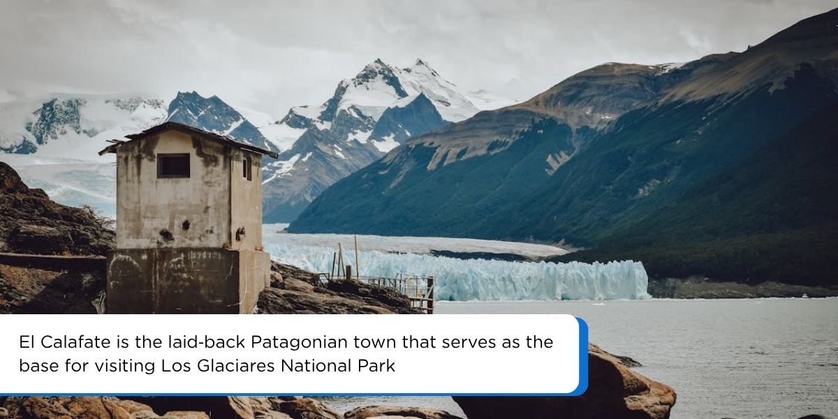 View of El Calafate town and turquoise Lago Argentino in Argentine Patagonia