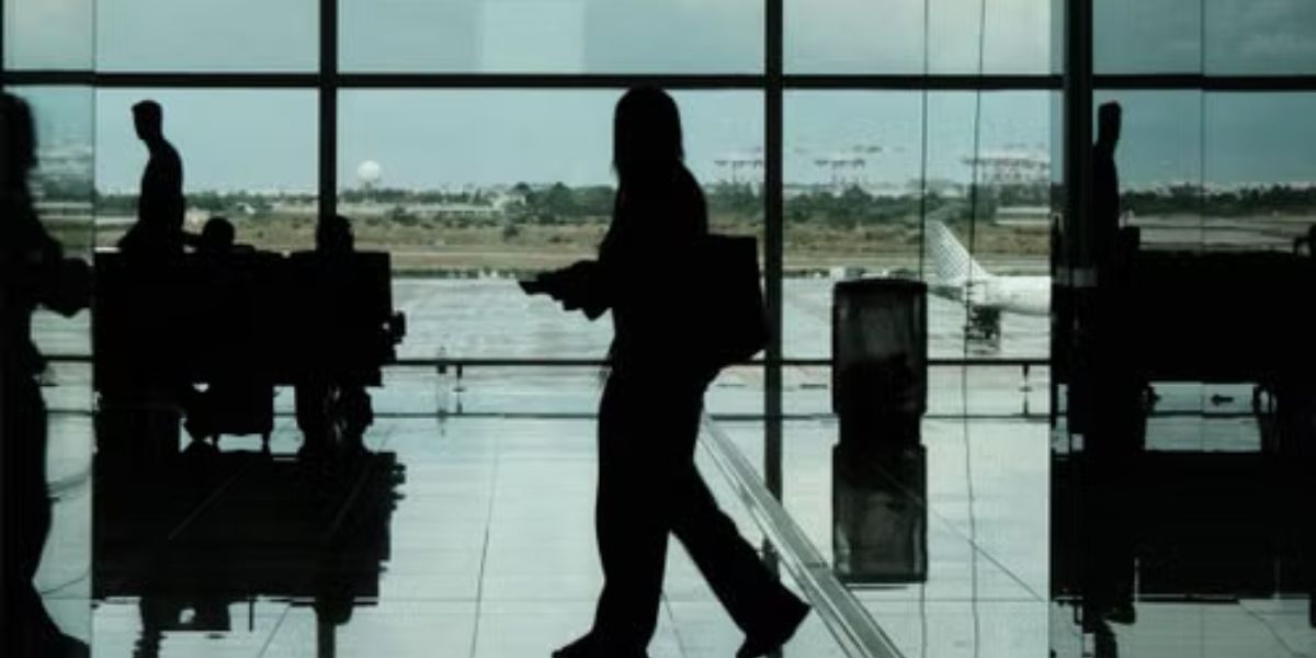 Travelers walking through Barcelona El Prat airport terminal with phones in hand