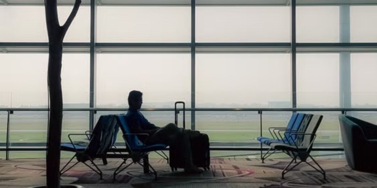 raveler checking phone connection in a modern airport terminal