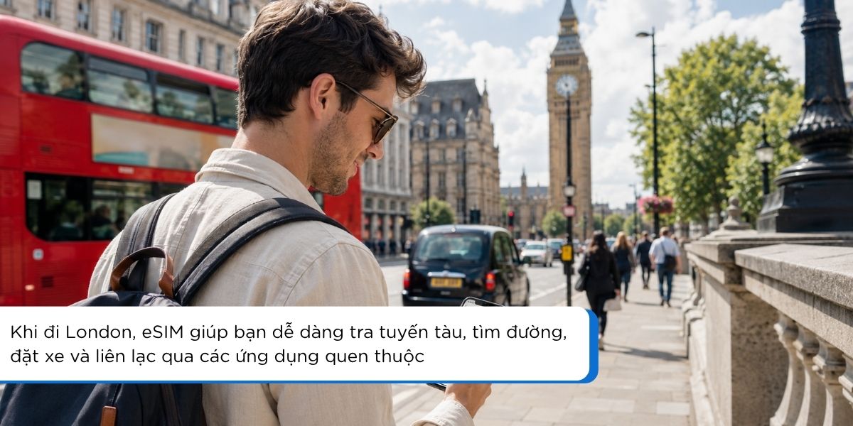 Du khách tra Google Maps bằng eSIM London khi đi bộ khám phá trung tâm London