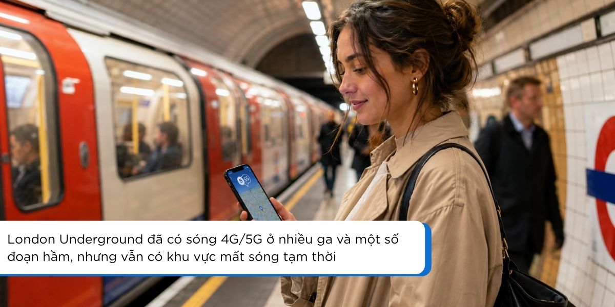 Hành khách dùng điện thoại tại ga London Underground khi kiểm tra kết nối 4G và 5G bằng eSIM London