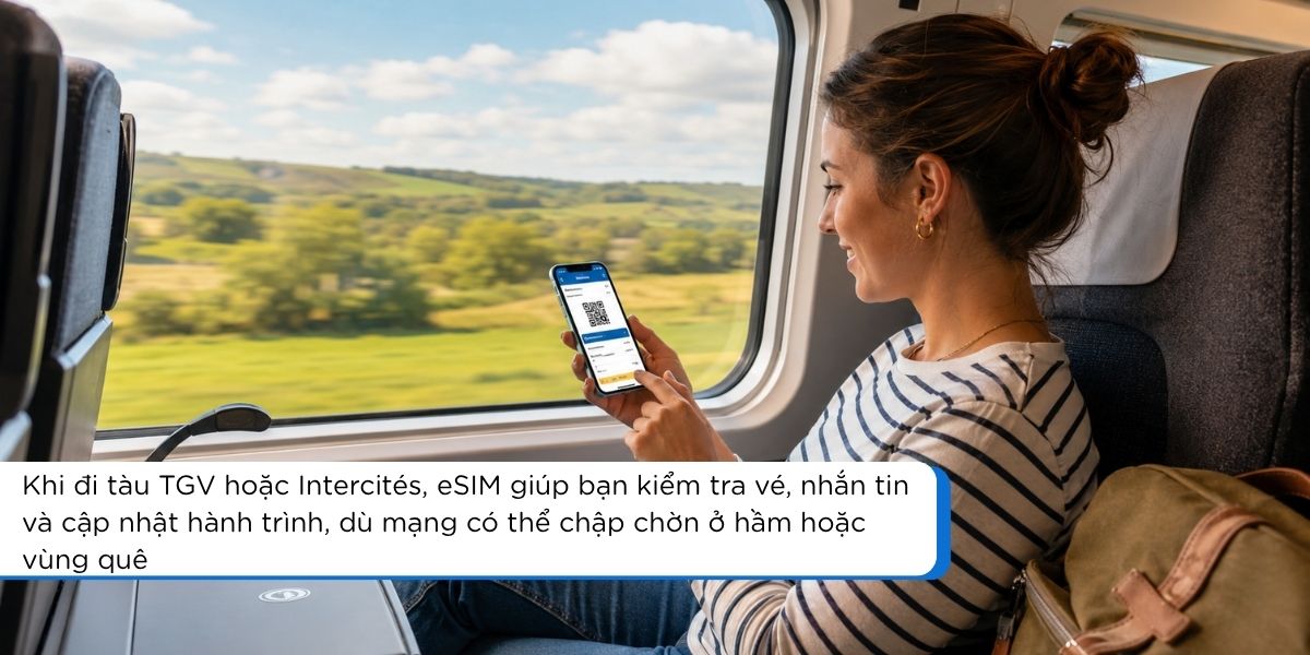 Hành khách dùng eSIM Pháp trên tàu TGV để kiểm tra vé, lịch trình và kết nối internet khi di chuyển liên tỉnh