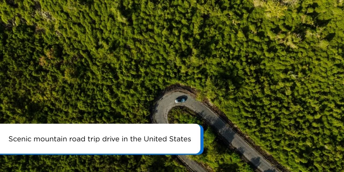 Scenic mountain road trip drive at sunset in the United States