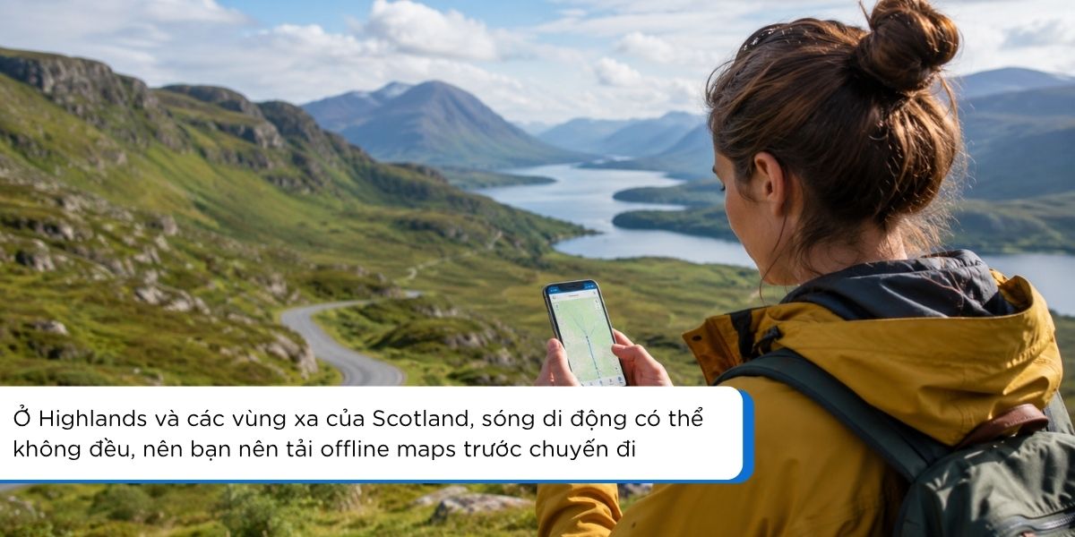 Cảnh Highlands Scotland nơi eSIM Scotland có thể gặp vùng sóng yếu do địa hình núi và thung lũng