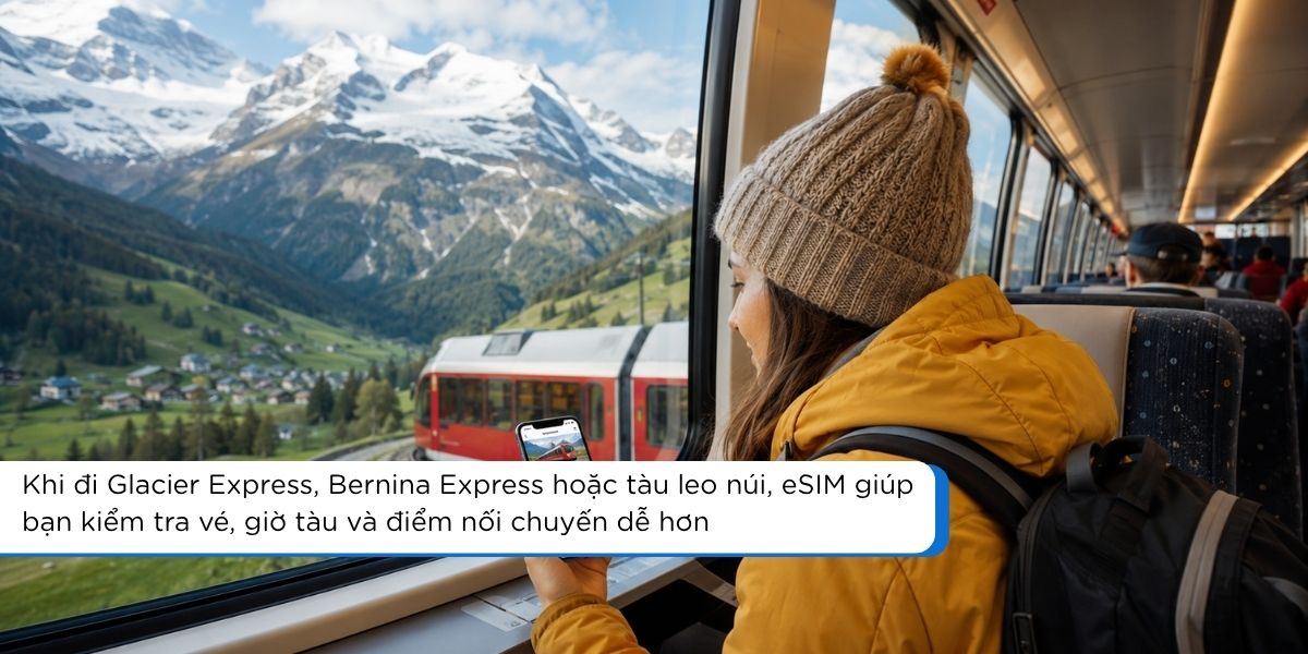 Du khách dùng eSIM Thụy Sĩ để tra lịch tàu và bản đồ khi đi núi Alps