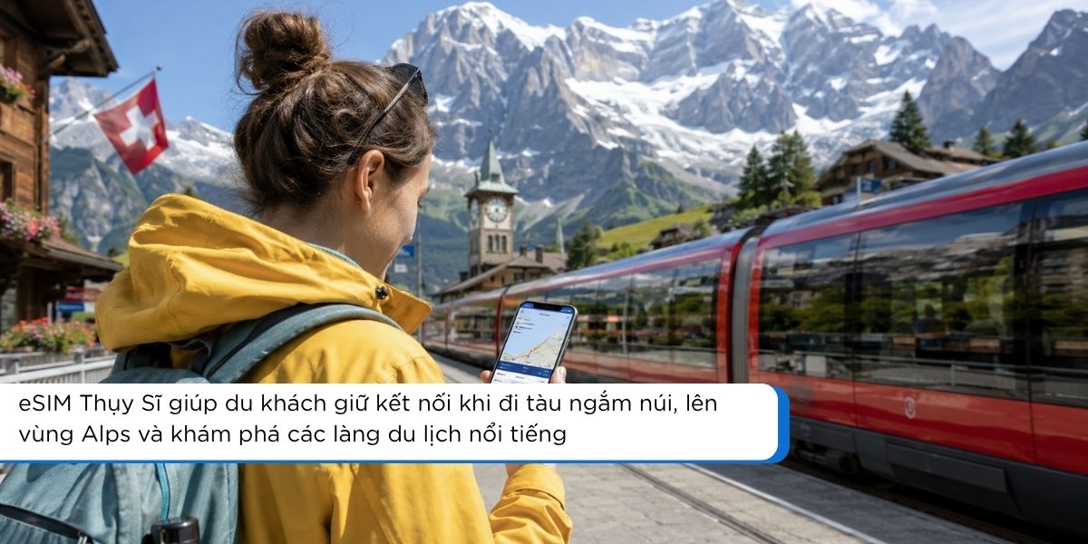 Du khách dùng eSIM Thụy Sĩ để kiểm tra vé và lịch trình trên tàu ngắm cảnh