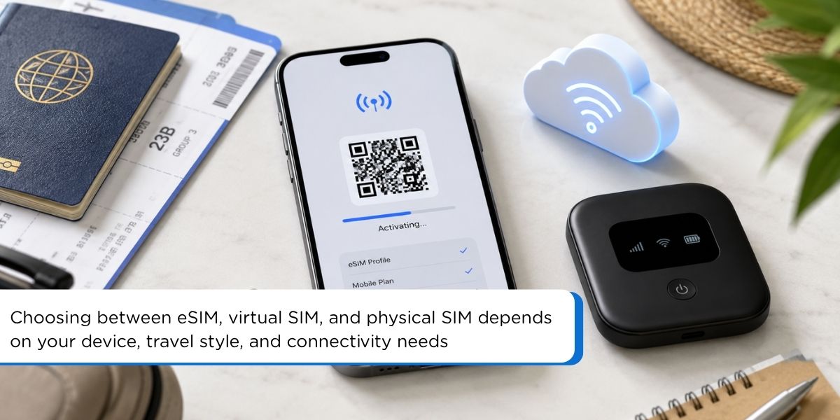 Choosing between eSIM, virtual SIM, and physical SIM depends on your device, travel style, and connectivity needs.
