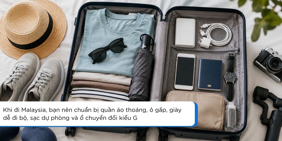 Hành lý du lịch Malaysia gồm quần áo thoáng ô gấp giày đi bộ sạc dự phòng và phụ kiện cần thiết
