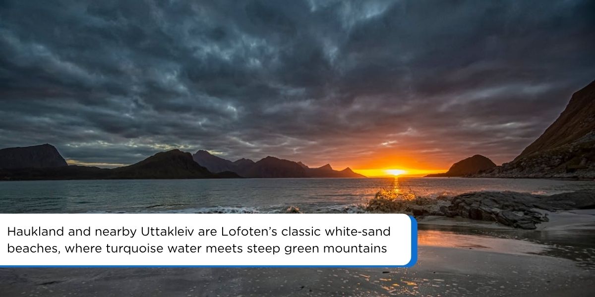 White sand beach with turquoise water at Haukland in the Lofoten Islands