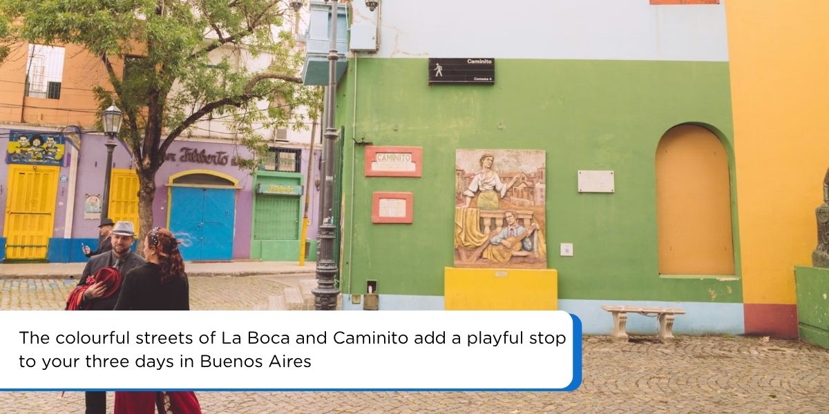 Colorful houses and street tango dancers in Caminito La Boca Buenos Aires