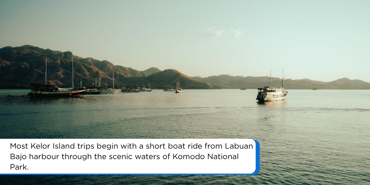Boat traveling through the waters near Labuan Bajo and Komodo National Park in Indonesia
