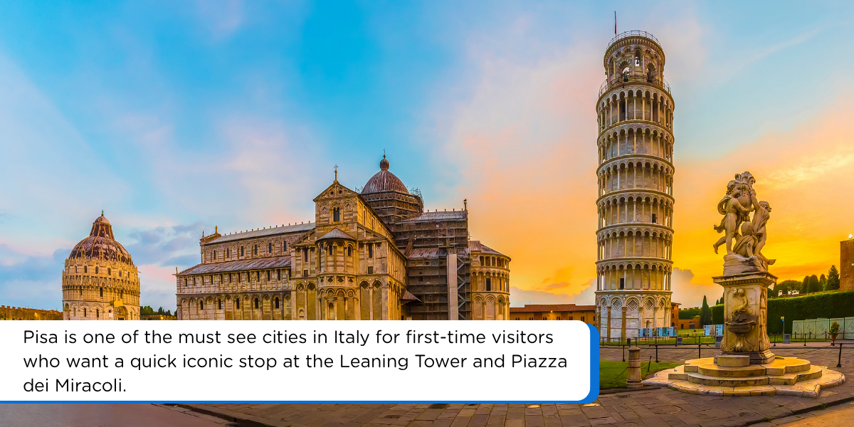 Leaning Tower of Pisa and Piazza dei Miracoli at sunset in Pisa, Italy
