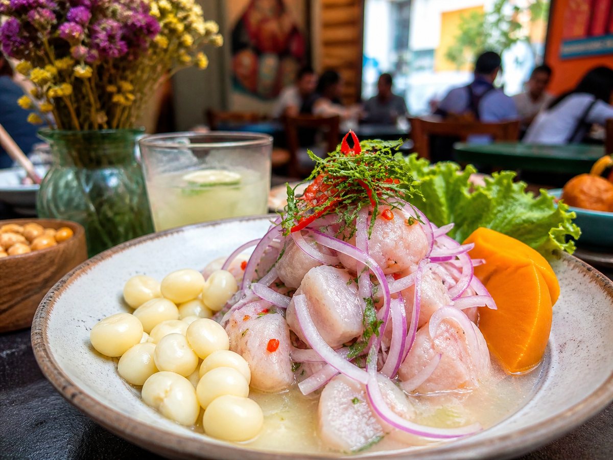 Fresh ceviche in Lima Peru served with corn and sweet potato during a local food tour