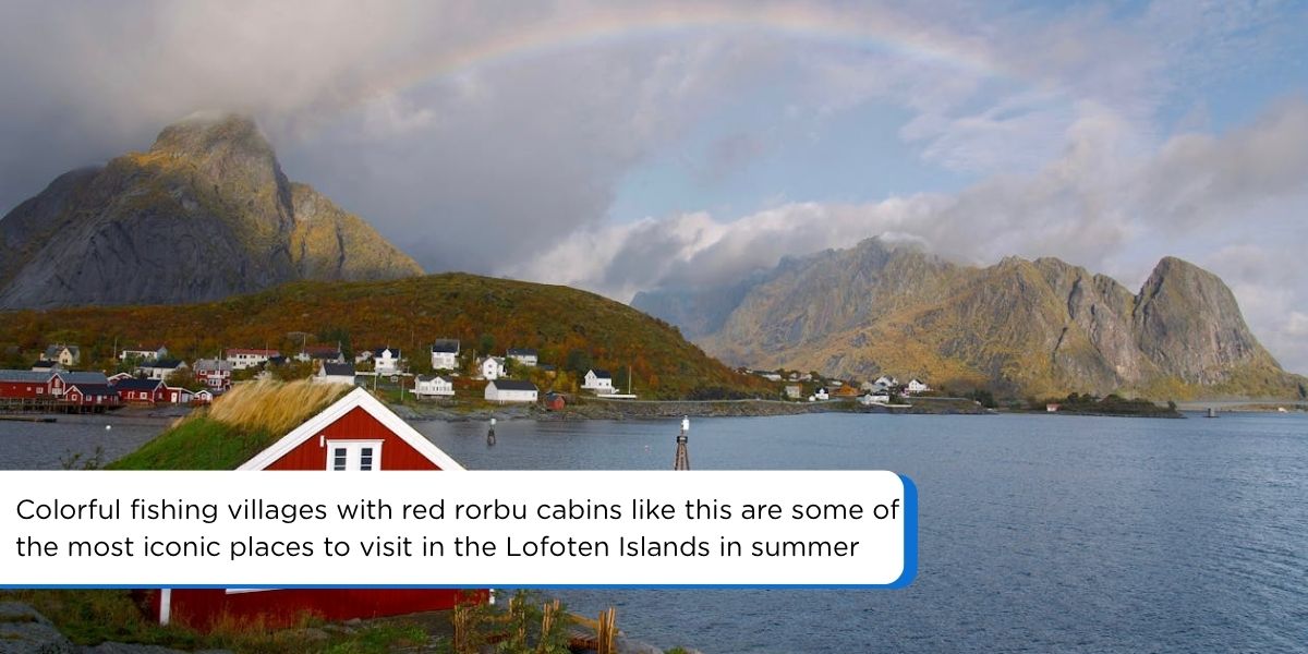 Red rorbu cabin with grass roof in a Lofoten fishing village, surrounded by mountains and fjord in Norway in summer