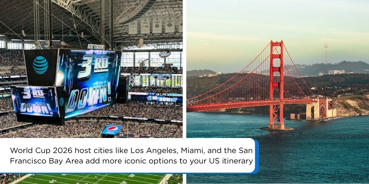 Golden Gate Bridge, palm-lined beaches, and a modern stadium representing other iconic US cities to visit in 2026