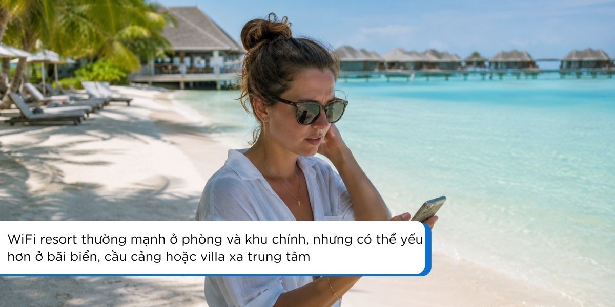 Du khách dùng điện thoại trên bãi biển Maldives nơi WiFi resort có thể không ổn định