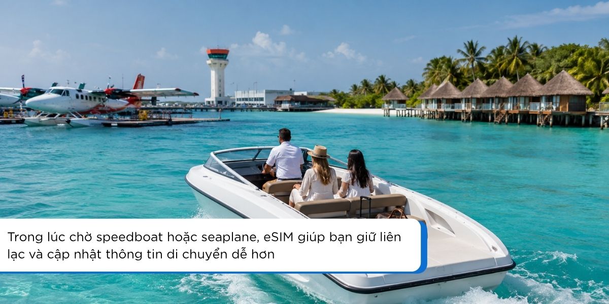 Speedboat hoặc seaplane đưa khách từ sân bay Male đến resort Maldives