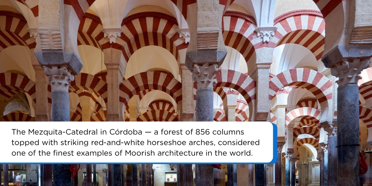 Interior of Mezquita-Cathedral in Córdoba with iconic red and white striped arches – day trip on southern Spain itinerary