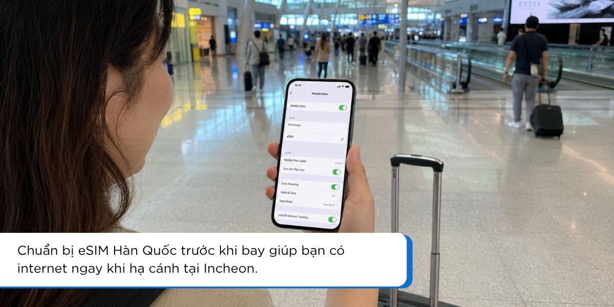 Du khách dùng điện thoại có eSIM Hàn Quốc tại sân bay Incheon sau khi hạ cánh