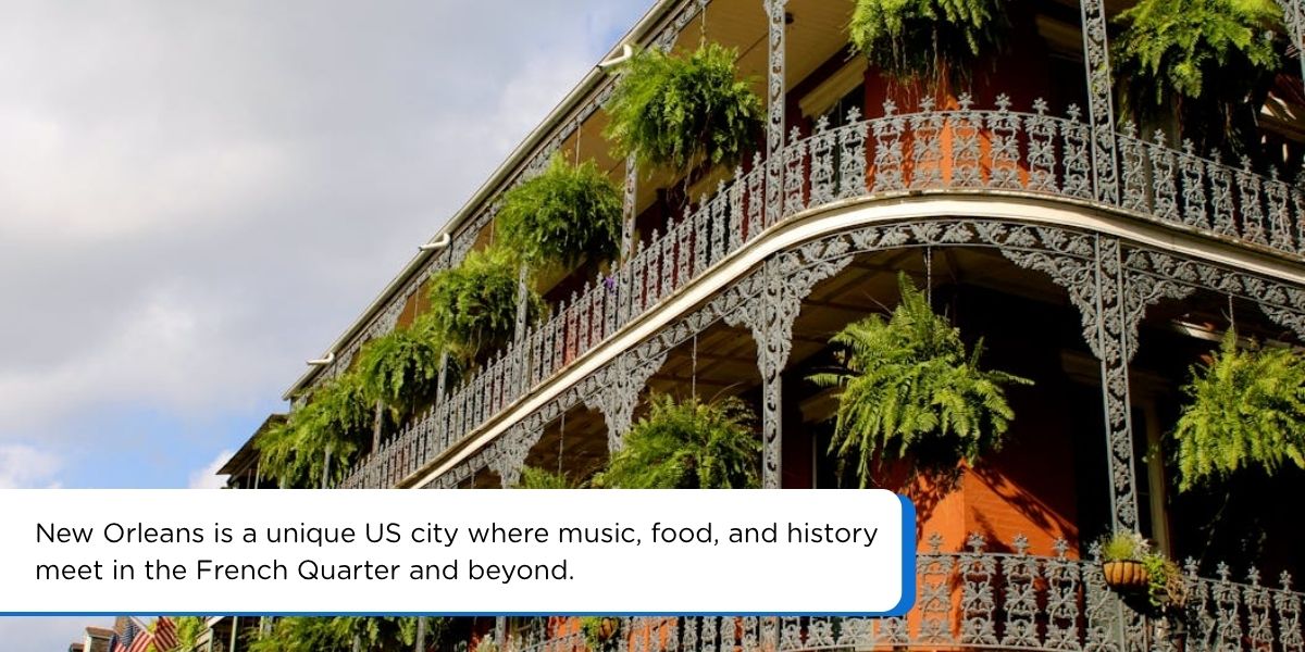 Colorful street in the New Orleans French Quarter with wrought iron balconies and live music