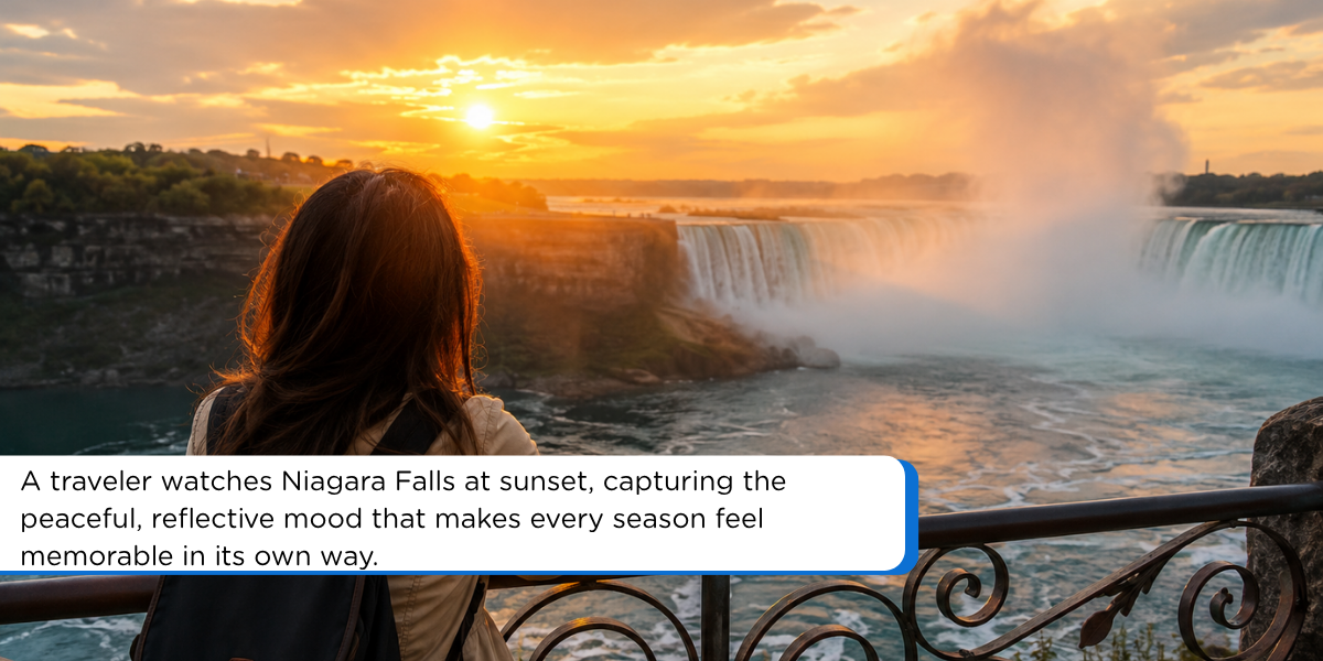 Traveler watching Niagara Falls at sunset