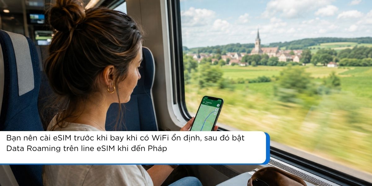 Du khách dùng offline maps trên điện thoại khi đi tàu qua vùng quê nước Pháp nơi sóng eSIM có thể chập chờn