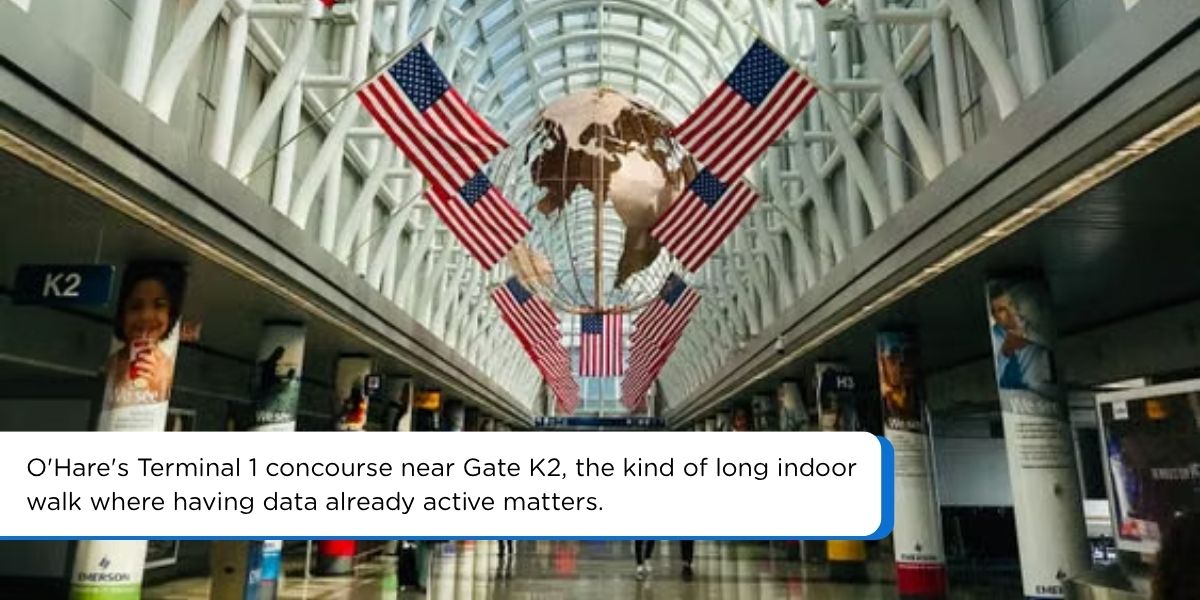 Glass barrel-vaulted terminal corridor at Chicago O'Hare Airport with American flags and a globe sculpture near Gate