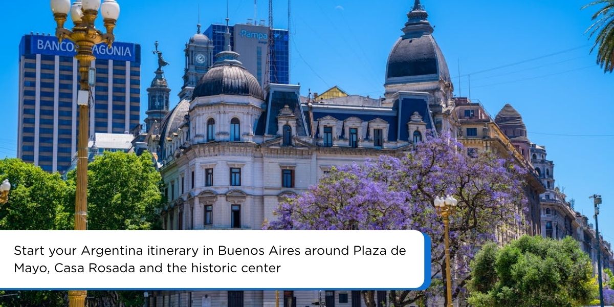 Plaza de Mayo in Buenos Aires with Casa Rosada and people walking through the square