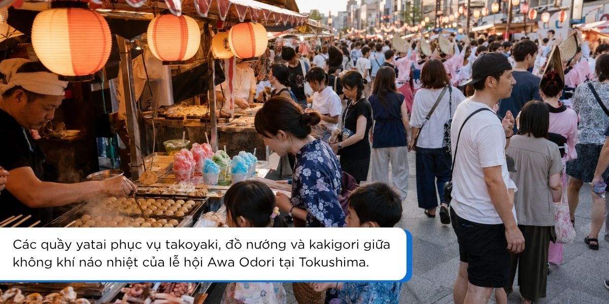 Quầy ẩm thực yatai đông khách trong ngày hè tại lễ hội Awa Odori